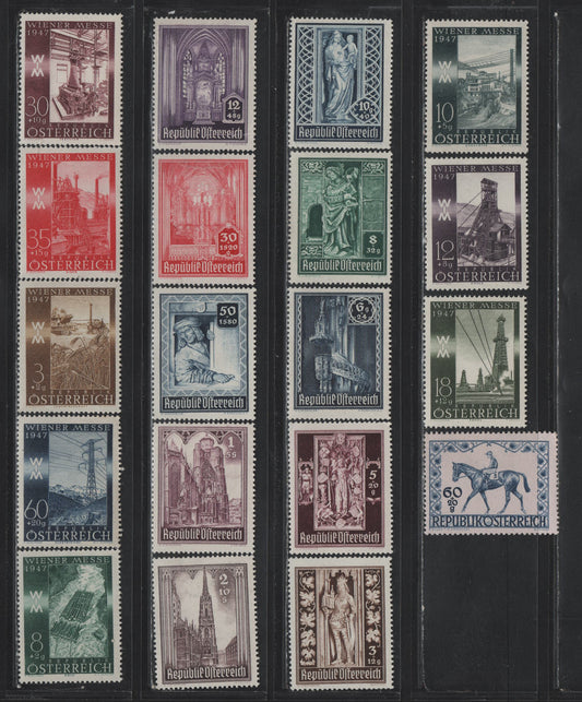 Lot 316 Austria Scott#B189-B207 3g+12g - 60g+20g Brown - Deep Blue on Pale Pink , 1946-1947 Reconstruction of St Stephens Cathedral - Race Horse & Jockey Issues, 19 F/VFOG/NH Singles, B207 Is NH