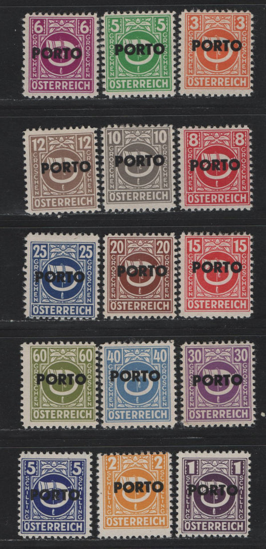 Lot 319 Austria (C) Scott#J189-J205 3g - 5s Deep Orange - Deep Ultramarine , 1946 Postage Dues, 15 F/VFOG Singles