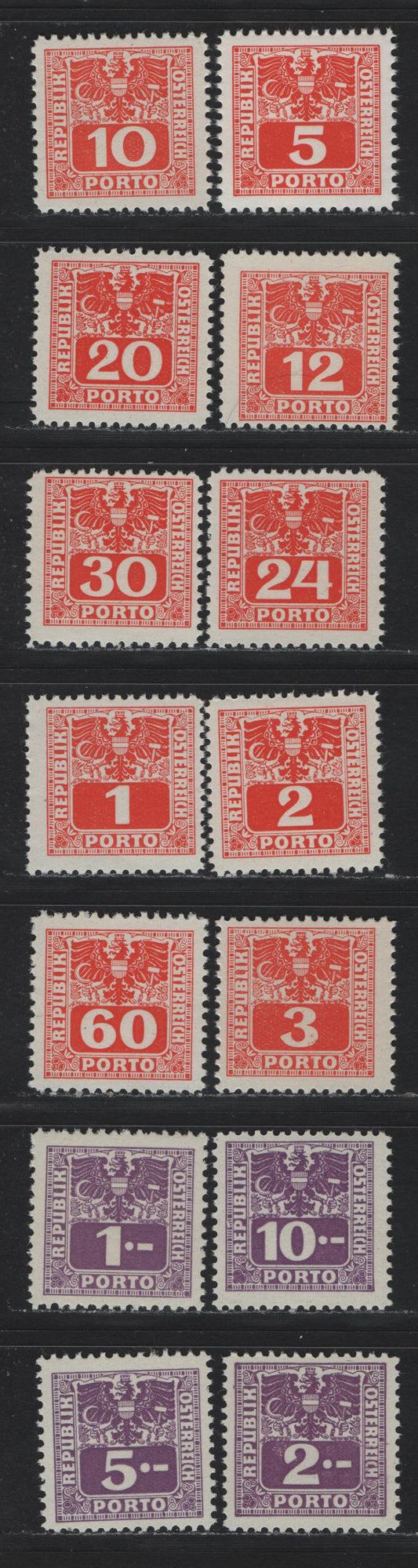 Lot 320 Austria (C) Scott#J175-J188 1g -10s Vermillion - Violet , 1945 Postage Dues, 14 F/VFNH Singles