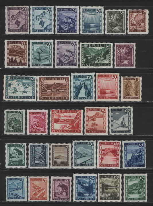 Lot 321 Austria (C) Scott#455-481, 483-488 3g - 60g Sapphire - Violet Blue , 1945-1947 Sceneic Definitives, 33 F/VFNH Singles, Several Are NH