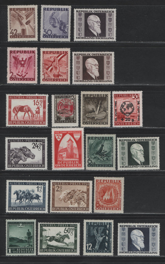 Lot 322 Austria (C) Scott#B165-B184 1s+10s - 30g+70g Dark Green - Dark Red , 1945-1946 Peace - 950th Anniv of Founding Of Austria Issue, 21 F/VFOG Singles