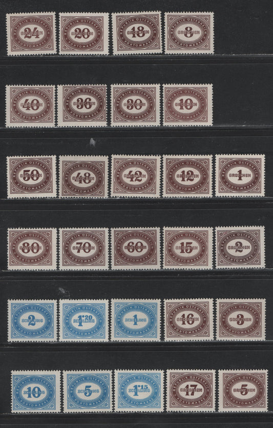 Lot 324 Austria (C) Scott#J204-J231 1g - 10s Chocolate - Blue , 1947 Postage Dues, 28 F/VFOG Singles
