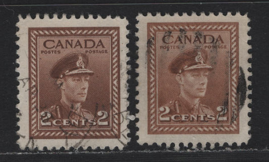 Lot 333 Canada #250var 2c Very Pale Brown , 1942-1943 KGVI War Issue, 2 Very Fine Used Singles, Translucent Horizontal Ribber Paper, With Normal Shade For Comparison, Scarce & Unusual Shade.