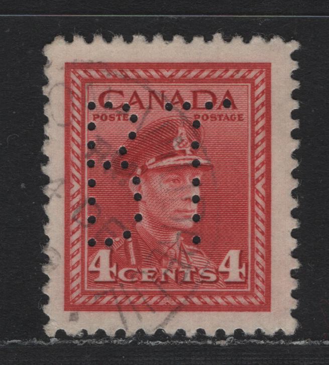 Lot 334 Canada #254var 4c Soft Carmine , 1942-1943 KGVI War Issue, A Very Fine Used Single, Opaque Wove Paper, Bell Telephone Perfin From Pos. 1