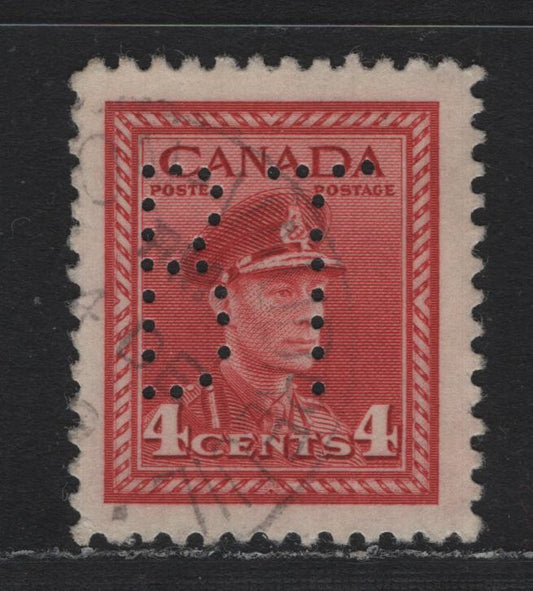 Lot 334 Canada #254var 4c Soft Carmine , 1942-1943 KGVI War Issue, A Very Fine Used Single, Opaque Wove Paper, Bell Telephone Perfin From Pos. 1
