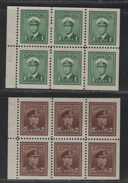 Lot 335 Canada #249b, 250b 1c - 2c Green - Brown , 1942-1943 KGVI War Issue, 2 F/VFNH/OG Booklet Panes Of 6, CBN-UUUUU & CBN-N Papers