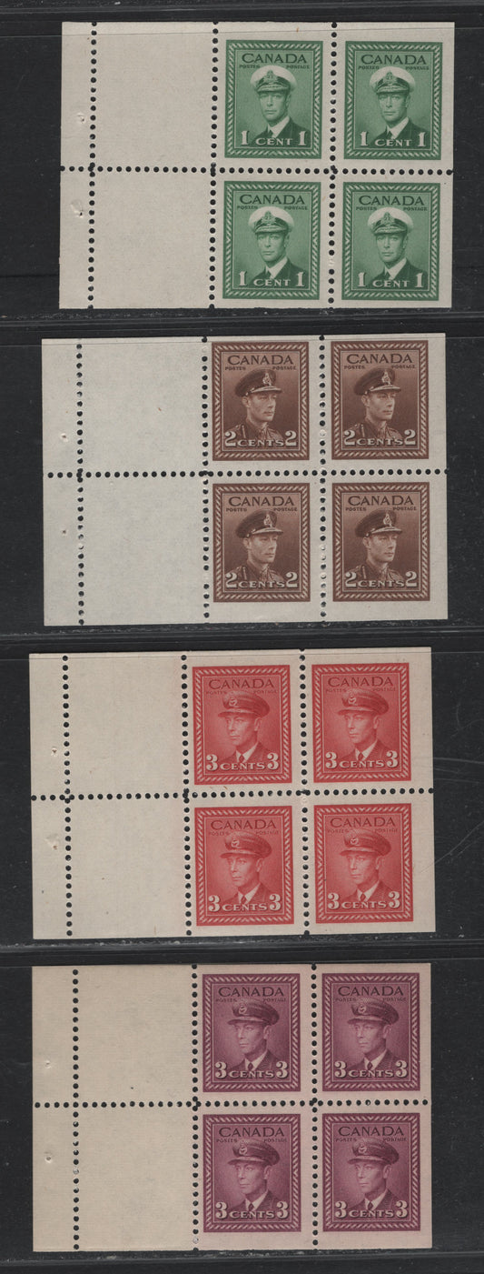 Lot 336 Canada #249a-252a 1c - 3c Green - Rosy Purple , 1942-1943 KGVI War Issue, 4 F/VFNH/OG Booklet Panes Of 4+2 Labels, 17mm Staple Booklet Panes, CBN-N, CBN-VVVVVV & CBN-UUUUU Papers
