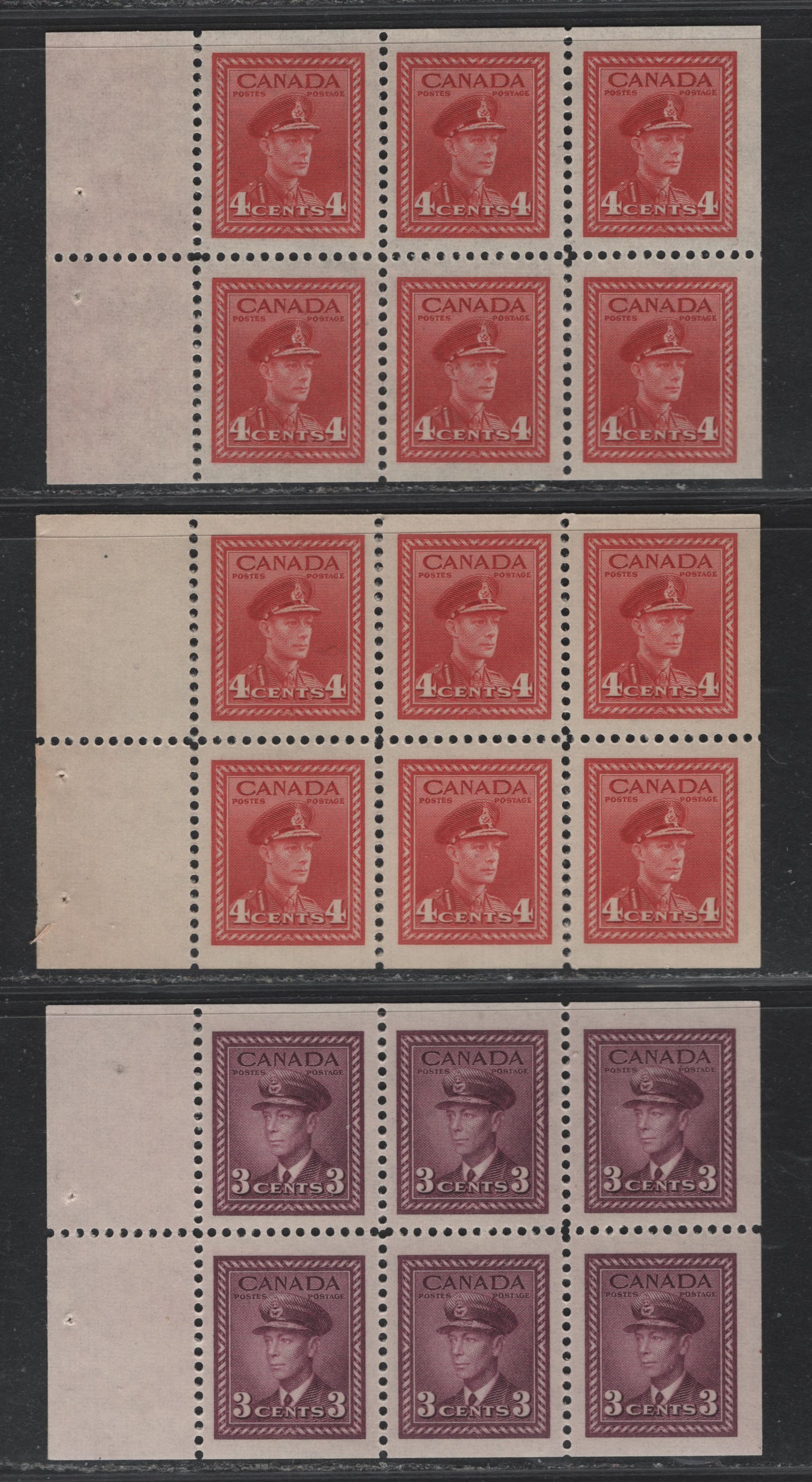 Lot 337 Canada #252c, 254ai 3c - 4c Rosy Plum - Carmine Red , 1942-1943 KGVI War Issue, 2 VFNH Booklet Panes Of 6, Larger Tabs From The $1 Gift Booklets, Scarcer Types That Used 12mm & 14mm Staples, All Printed On CBN-XXXXXX Paper.