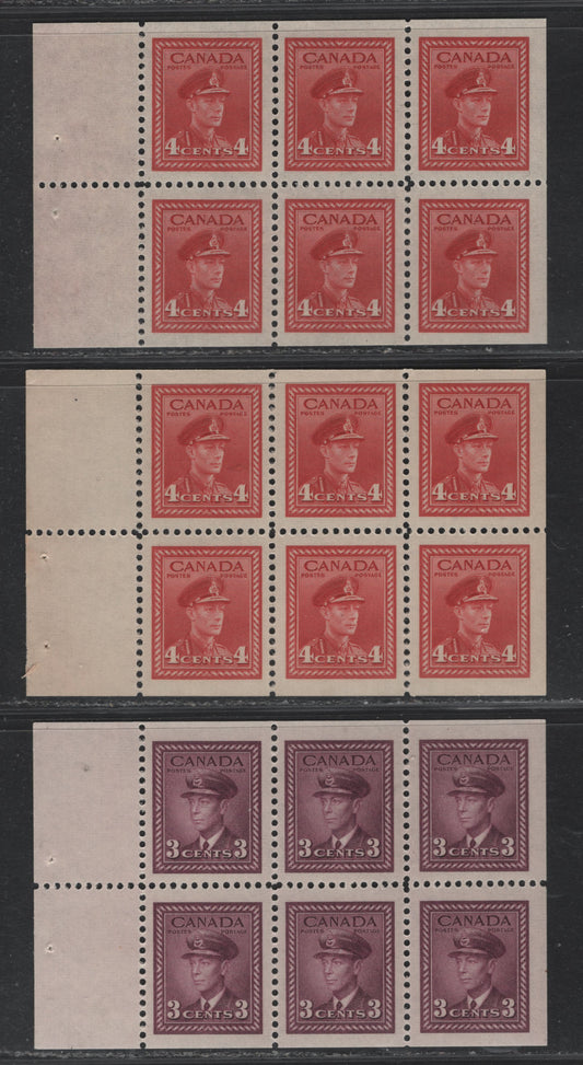 Lot 337 Canada #252c, 254ai 3c - 4c Rosy Plum - Carmine Red , 1942-1943 KGVI War Issue, 2 VFNH Booklet Panes Of 6, Larger Tabs From The $1 Gift Booklets, Scarcer Types That Used 12mm & 14mm Staples, All Printed On CBN-XXXXXX Paper.