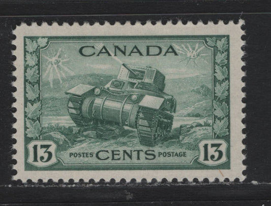 Lot 339 Canada #258 13c Mythic Green , 1942-1943 KGVI War Issue, A FOG Single, CBN-YYYYY Paper, Unusual, As Most Of This Value Is On CBN-PPPP Paper, Perf 11.9.