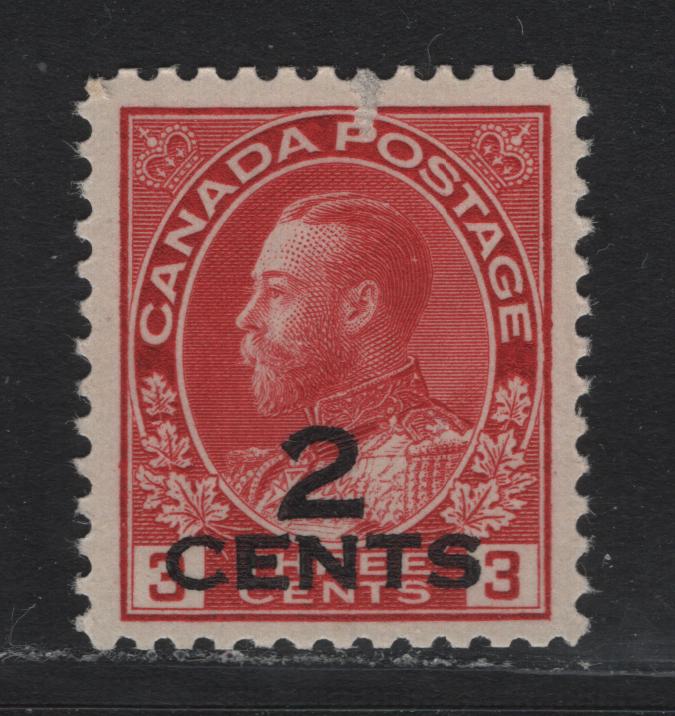 Lot 34 Canada (C) #140 2c on 3c Carmine Red , 1926 KGV Admrial Provisional Issue, A VGNH Single, 2 Line Surcharge, ABN-J Paper, Perf 11.9, Small, Lateral Surface Tear At P Of Postage.