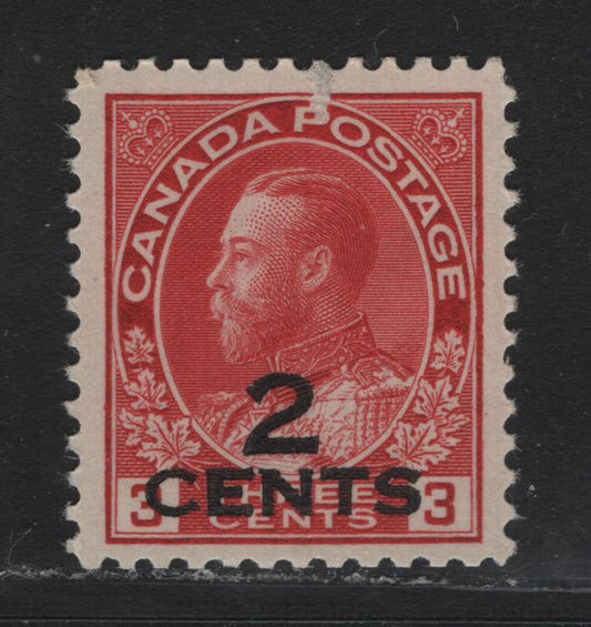 Lot 34 Canada (C) #140 2c on 3c Carmine Red , 1926 KGV Admrial Provisional Issue, A VGNH Single, 2 Line Surcharge, ABN-J Paper, Perf 11.9, Small, Lateral Surface Tear At P Of Postage.
