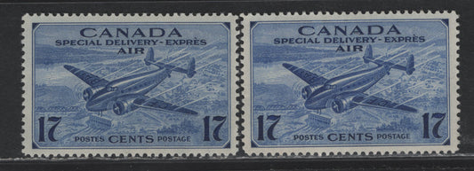 Lot 343 Canada #CE2 17c Deep Ultramarine , 1942-1943 Airmail Special Delivery Issue, 2 VFNH Singles, CBN-QQQ & CBN-YYYYY Papers, Perfs 11.9x11.8 & 11.9