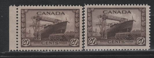 Lot 344 Canada #260 20c Deep Purple Brown , 1942-1943 KGVI War Issue, 2 VFNH Singles, CBN-QQQ & CBN-YYYYY Papers, Perfs 11.9x11.8 & 11.9