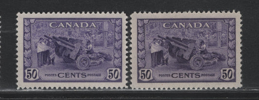 Lot 345 Canada #261 50c Deep Violet , 1942-1943 KGVI War Issue, 2 VFOG Singles, CBN-ZZZZZZ & CBN-FFFFF Papers, Perfs 12x11.9 & 11.9