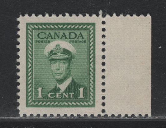 Lot 347 Canada #249 1c Green , 1942-1943 KGVI War Issue, A GEMNH Single, CBN-ZZZZZ Paper, Perf 11.9x12, Perfectly Centered Around Jumbo Margins.
