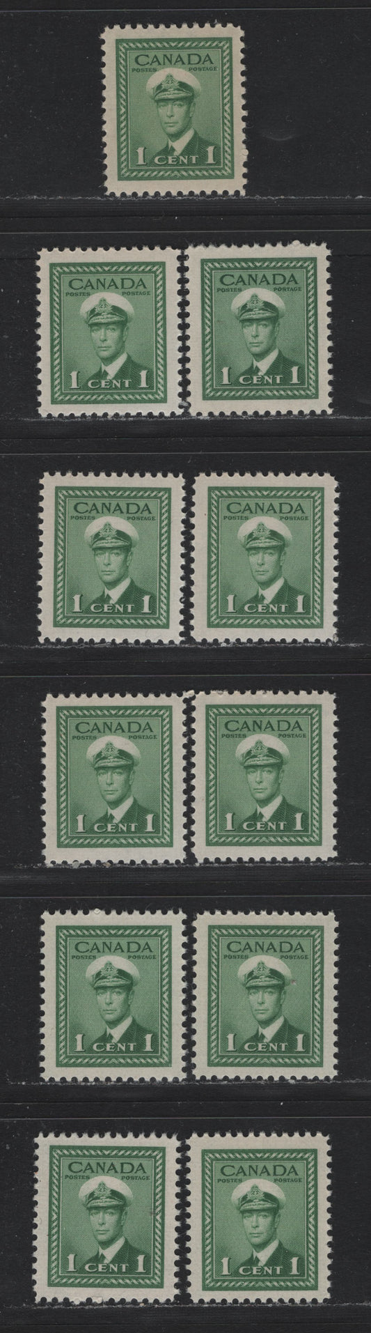 Lot 350 Canada #249 1c Bluish Green , 1942-1943 KGVI War Issue, 11 VFNH Singles, CBN-ZZZZZ, CBN-AAAAAAA & CBN-S Papers, Various Perfs