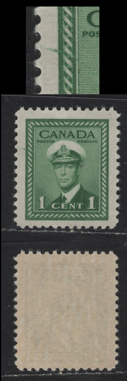 Lot 351 Canada #249var 1c Green , 1942-1943 KGVI War Issue, A VFNH Single, CBN-AAAAAAA Paper, Perf 11.8x12, Showing Scratch Through The Left Frame.