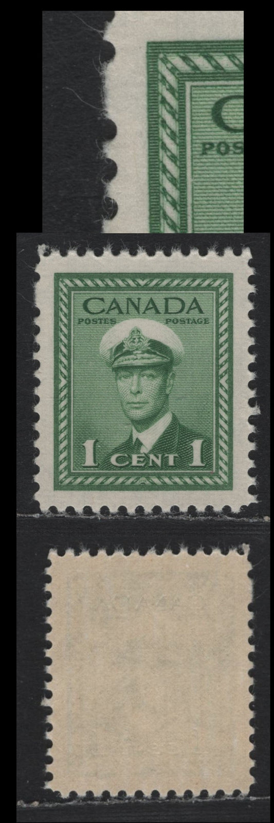 Lot 352 Canada #249var 1c Green , 1942-1943 KGVI War Issue, A VFNH Single, CBN-AAAAAAA Paper, Perf 12x11.9, Showing Missing Perf Pin At Upper Left, Unusual On This Issue, The First I've Seen.