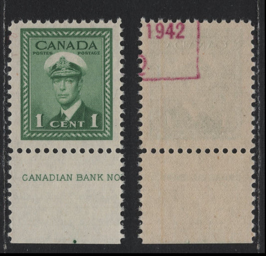 Lot 354 Canada #249var 1c Green , 1942-1943 KGVI War Issue, A VFNH Single, Imprint Single, CBN-OOOO Paper, Partial 1942 Boxed Violet Handstamp Applied To The Gum Side, Interesting.