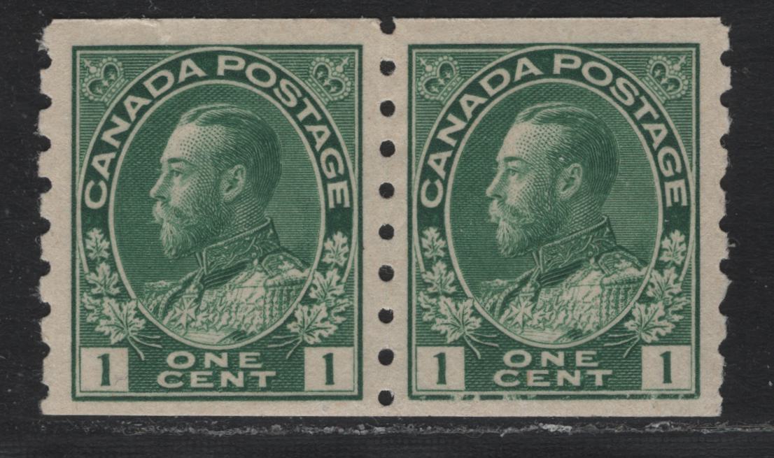 Lot 36 Canada (C) #125 1c Green , 1912-1924 KGV Admiral Coil Issue, A FOG Coil Pair, Perf 9 Vertical, ABN-E Paper, Retouched Frameline, 2.6mm Spacing Between Stamp Designs.