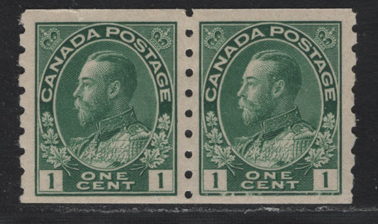 Lot 36 Canada (C) #125 1c Green , 1912-1924 KGV Admiral Coil Issue, A FOG Coil Pair, Perf 9 Vertical, ABN-E Paper, Retouched Frameline, 2.6mm Spacing Between Stamp Designs.