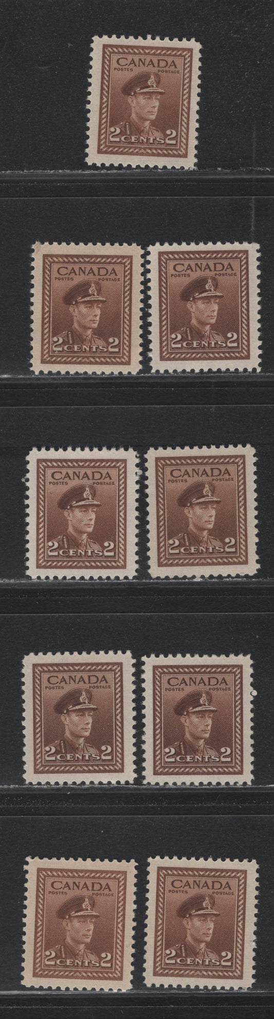 Lot 365 Canada #250 2c Brown , 1942-1943 KGVI War Issue, 9 VFNH Singles, Other Paper Types Other Than Those In The Other Lots But Not Checked In Detail, Includes 3 With Horizontal Ribbing And 6 Without