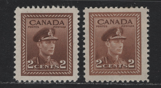 Lot 366 Canada #250var 2c Pale Yellow Brown , 1942-1943 KGVI War Issue, 2 VFOG Singles, CBN-NNNN Papers, With A Standard Brown Shade For Basic Comparison (Unclassified As To Paper)