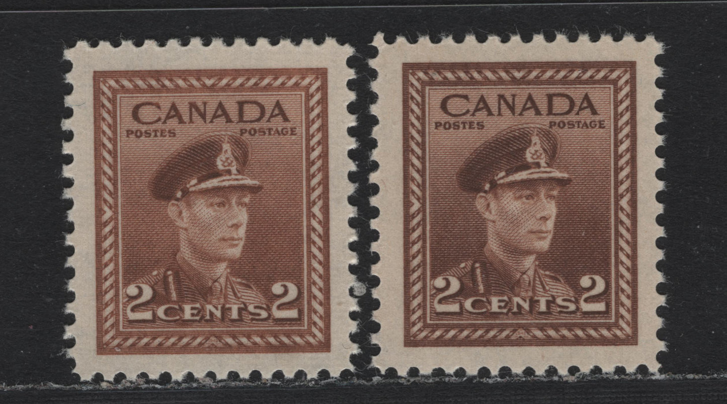 Lot 367 Canada #250, 250var 2c Light Brown , 1942-1943 KGVI War Issue, 2 VFNH Singles, CBN-XXXXXX & CBN-TTTTTT Papers, Perf 12x11.9 & 11.9