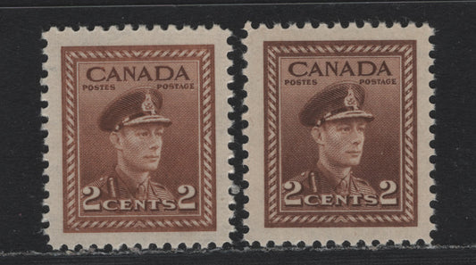 Lot 367 Canada #250, 250var 2c Light Brown , 1942-1943 KGVI War Issue, 2 VFNH Singles, CBN-XXXXXX & CBN-TTTTTT Papers, Perf 12x11.9 & 11.9