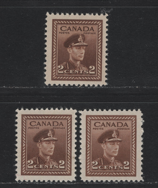 Lot 368 Canada #250 2c Very Deep Brown , 1942-1943 KGVI War Issue, 3 VFOG/Nh Singles, Unclassified Paper With Standard Brown For Comparison As Well As A Standard Deep Brown, The Very Deep Brown Shade Is Scarce