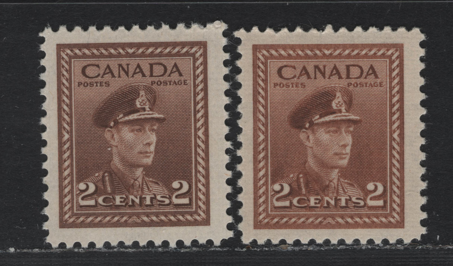 Lot 370 Canada #250var 2c Light Bright Brown , 1942-1943 KGVI War Issue, 2 VFOG/NH Singles, With Standard Brown Shade For Comparison, Unclassified As to Exact Paper Or Perf
