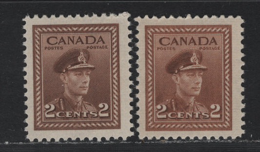 Lot 370 Canada #250var 2c Light Bright Brown , 1942-1943 KGVI War Issue, 2 VFOG/NH Singles, With Standard Brown Shade For Comparison, Unclassified As to Exact Paper Or Perf