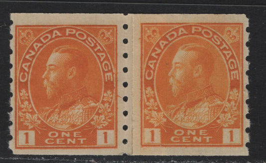 Lot 37 Canada (C) #126, 126iii 1c Deep Yellow Orange - Orange Yellow , 1912-1924 KGV Admiral Coil Issue, A VFNH Coil Paste-Up Pair, Perf 8 Vertical, ABN-E & ABN-B Papers, Wet Printing, 4mm Space Between Samps, Two Different Shade/Paper Types Joined.