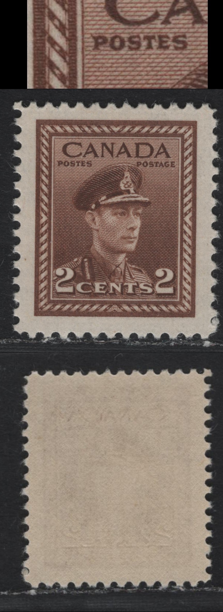 Lot 371 Canada #250var 2c Brown , 1942-1943 KGVI War Issue, A VFNH Single, CBN-OOOOO Paper, Perf 12x11.9, Showing Extended Angled Upper Serif On 'P' of 'Postage', Unlisted In Unitrade.