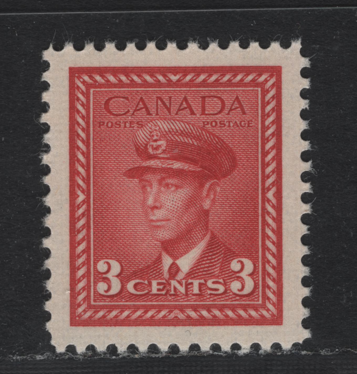 Lot 373 Canada #251 3c Deep Carmine Red , 1942-1943 KGVI War Issue, A SUPNH Single, CBN-ZZZZZZ Paper, Perf 11.9, Nearly Perfectly Centered.
