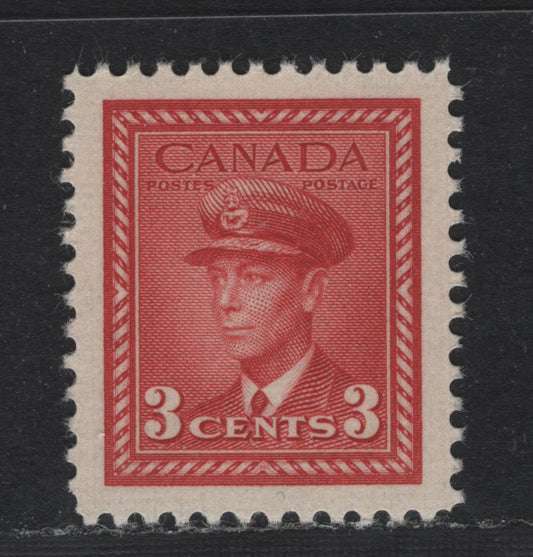 Lot 373 Canada #251 3c Deep Carmine Red , 1942-1943 KGVI War Issue, A SUPNH Single, CBN-ZZZZZZ Paper, Perf 11.9, Nearly Perfectly Centered.