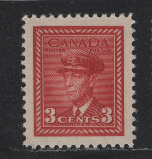 Lot 374 Canada #251 3c Deep Carmine Red , 1942-1943 KGVI War Issue, A XFNH Single, CBN-ZZZZZZ Paper, Perf 11.9, Perfectly Centered Amid Balanced, Oppising Margins.