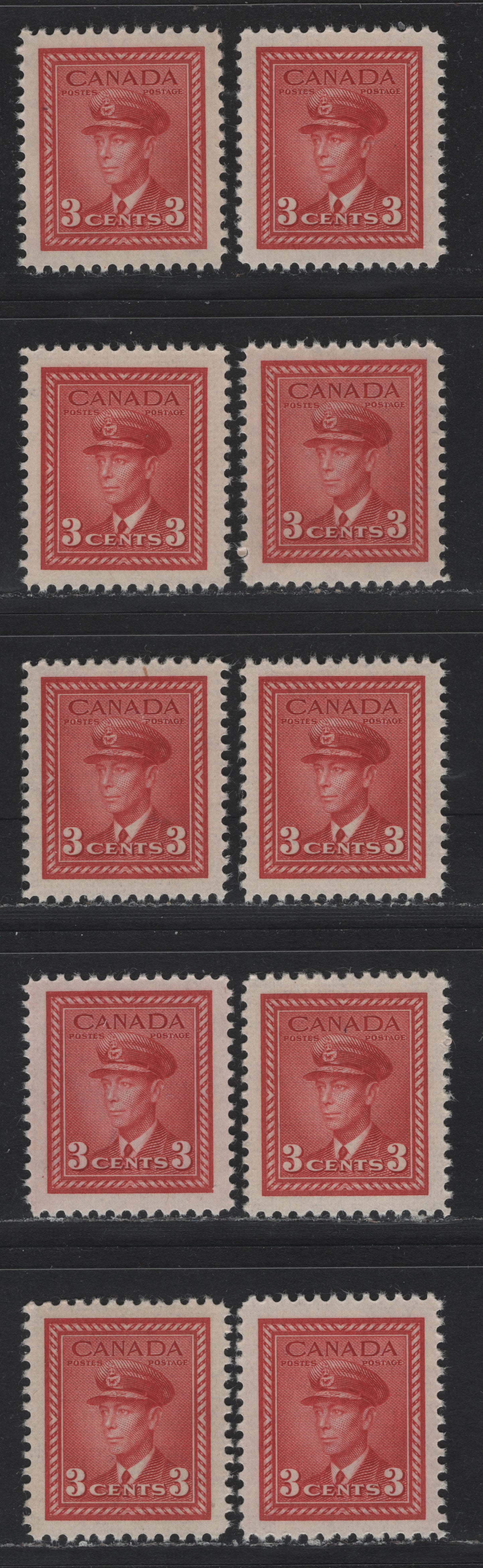 Lot 375 Canada #251 3c Deep Carmine Red , 1942-1943 KGVI War Issue, 10 VFNH Singles, CBN-NNNN, CBN-BBBBB, CBN-ZZZZZZ & CBN-FFFFFFF Papers, Perfs 11.8x11.9, 12, 11.9x11.8, 12x11.9, 11.9 & 11.9x12