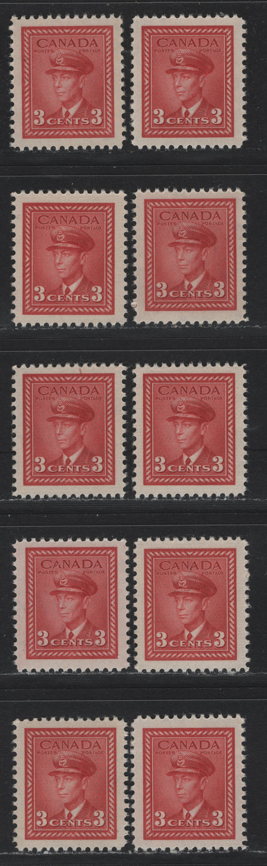 Lot 375 Canada #251 3c Deep Carmine Red , 1942-1943 KGVI War Issue, 10 VFNH Singles, CBN-NNNN, CBN-BBBBB, CBN-ZZZZZZ & CBN-FFFFFFF Papers, Perfs 11.8x11.9, 12, 11.9x11.8, 12x11.9, 11.9 & 11.9x12