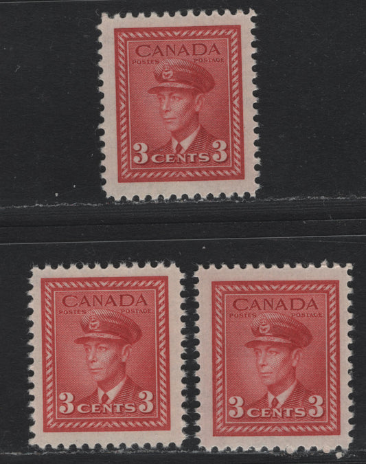 Lot 376 Canada #251 3c Carmine Red , 1942-1943 KGVI War Issue, 3 VFNH Singles, CBN-BBBBBB Paper, Perfs 11.9, 12 & 11.8