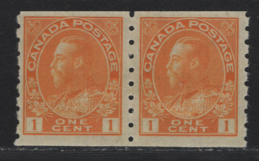 Lot 38 Canada (C) #126 1c Bright Orange Yellow , 1912-1924 KGV Admiral Coil Issue, A F/VFNH Coil Pair, ABN-I Paper, Perf 8 Vertical, Redrawn Frameline & 5mm Space Between Stamps.