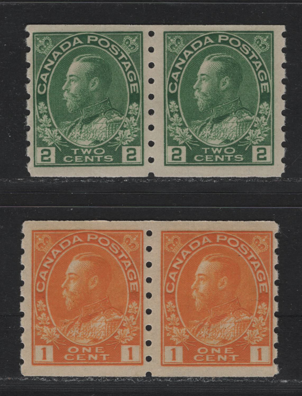 Lot 39 Canada (C) #126d, 128 1c - 2c Deep Yellow Orange - Green , 1912-1924 KGV Admiral Coil Issue, 2 FNH Coil Pairs, ABN-E & ABN-K Papers, Wet Printings, Perf 8 Vertical, Die on On The 1c, Retouched Framelines.