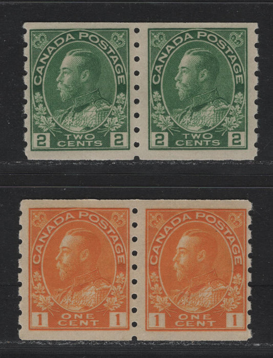 Lot 39 Canada (C) #126d, 128 1c - 2c Deep Yellow Orange - Green , 1912-1924 KGV Admiral Coil Issue, 2 FNH Coil Pairs, ABN-E & ABN-K Papers, Wet Printings, Perf 8 Vertical, Die on On The 1c, Retouched Framelines.