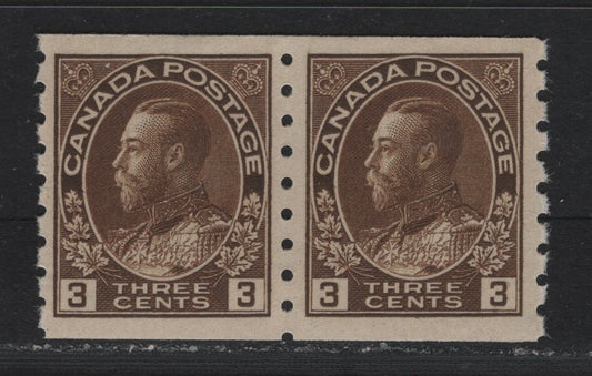 Lot 40 Canada (C) #129 3c Brown , 1912-1924 KGV Admiral Coil Issue, A VFNH Coil Pair, Wet Printing, ABN-E Paper, Perf 8 Vertical, Retouched Frameline, 2.6mm Spacing Between Stamp Designs.