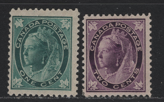 Lot 4 Canada (C) #67-68 1c - 2c Blue Green - Purple , 1897-1898 Maple Leaf Issue, 2 FNH/OG Singles, ABN-Y (1c) & ABN-AA (2c) Papers, Perf 11.9x11.9, 1c Is NH, 2c Is OG.