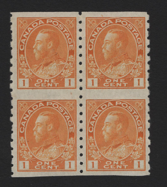 Lot 41 Canada (C) #126a 1c Bright Chrome Yellow , 1912-1924 KGV Admiral Coil Issue, A FOG Coil Block of 4, Dry Printing, Die 2, ABN-I Paper, Perf 8 Vertical, 2.6mm Spacing Between Stamp Designs.
