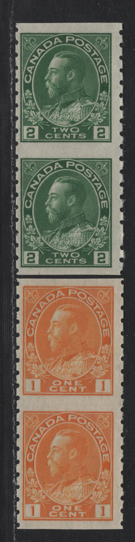 Lot 42 Canada (C) #126a, 128a 1c - 2c Bright Orange Yellow - Green , 1912-1924 KGV Admiral Coil Issue, 2 FNH Part Perforate Coil Pairs, ABN-I Paper, Both With Redrawn Framelines