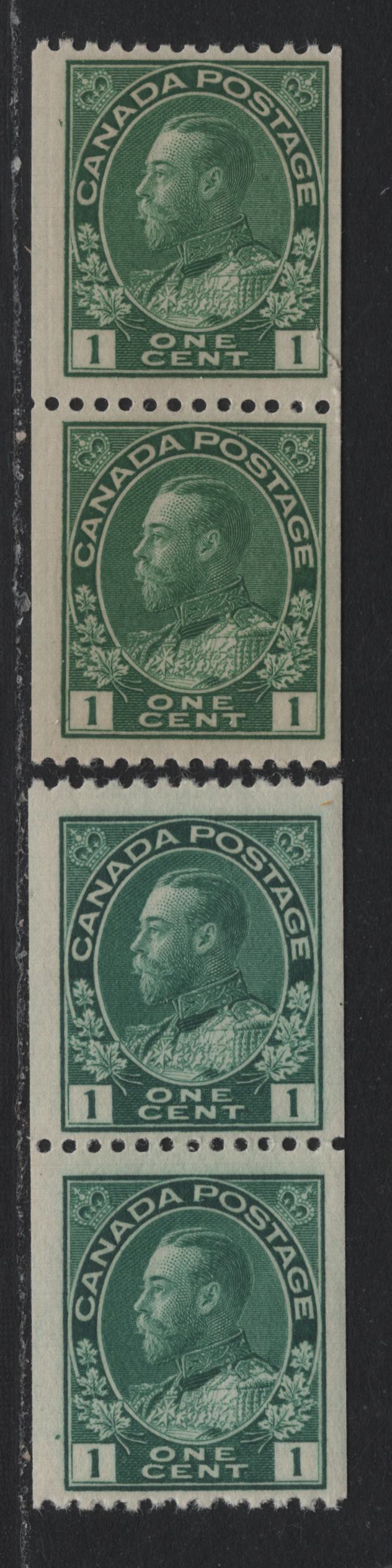 Lot 43 Canada (C) #131,ii 1c Deep Yellowish Green - BlueGreen , 1915-1924 KGV Admiral Coil Issue, 2 G/FNH Coil Pairs, ABN-E Paper, Perf 11.9 Horizontally, Retouched Framelines, 3mm Spacing Between Stamps.
