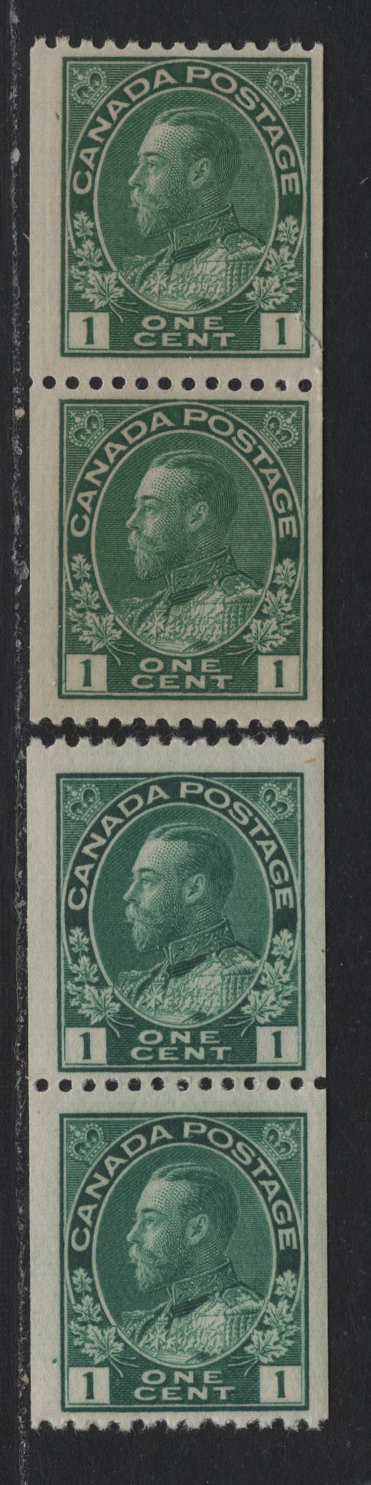 Lot 43 Canada (C) #131,ii 1c Deep Yellowish Green - BlueGreen , 1915-1924 KGV Admiral Coil Issue, 2 G/FNH Coil Pairs, ABN-E Paper, Perf 11.9 Horizontally, Retouched Framelines, 3mm Spacing Between Stamps.